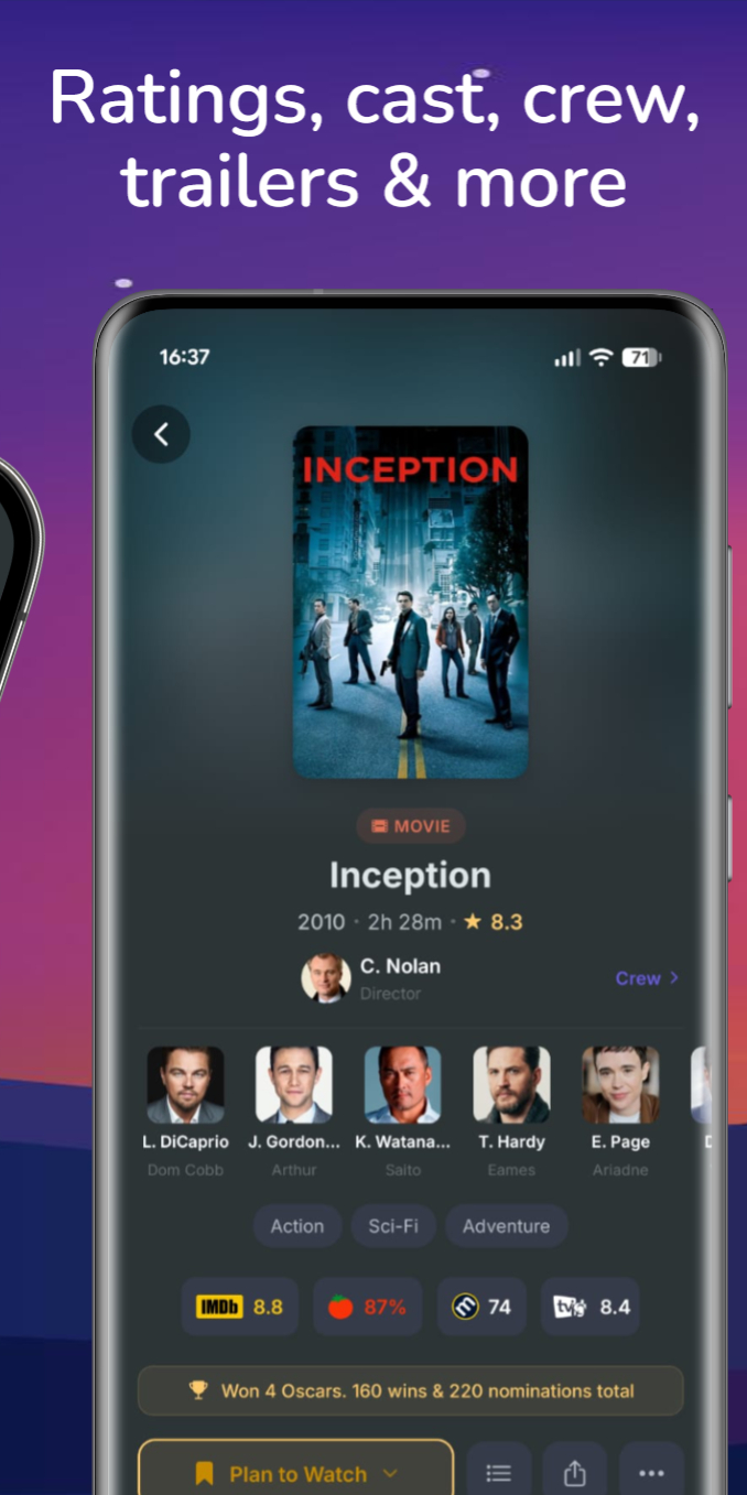 Movie detail with ratings, cast and crew